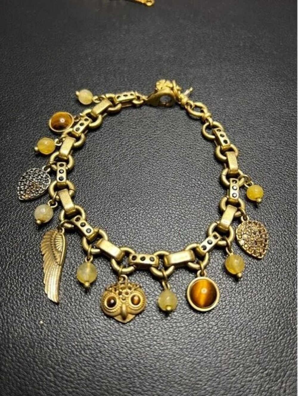 B5994 Lucky Brand Charm Bracelet Owl Wing Heart Tiger Eye Crystal 7-8.5" goldton
